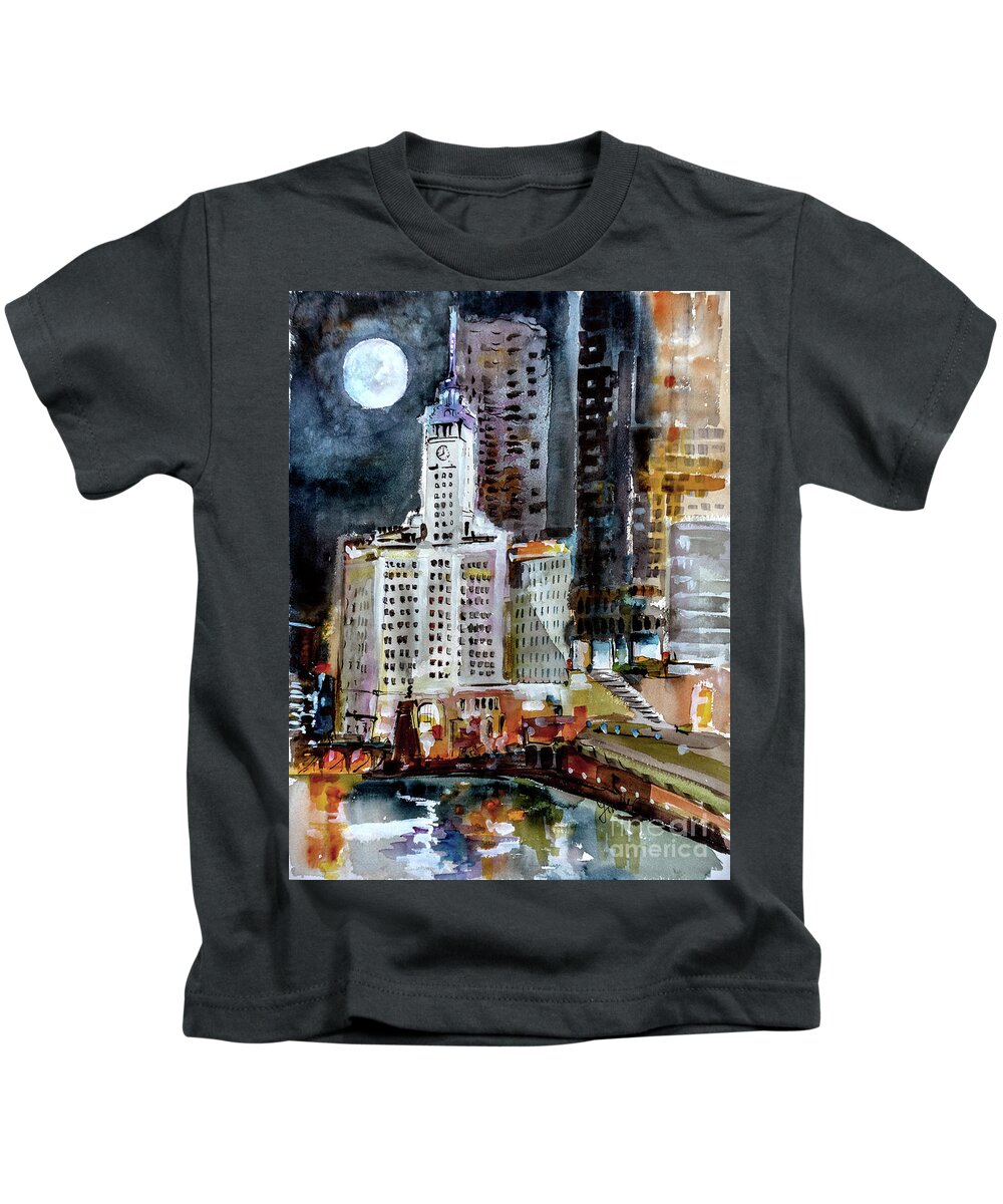 Chicago Kids T-Shirt featuring the painting Chicago Night Wrigley Building Art by Ginette Callaway