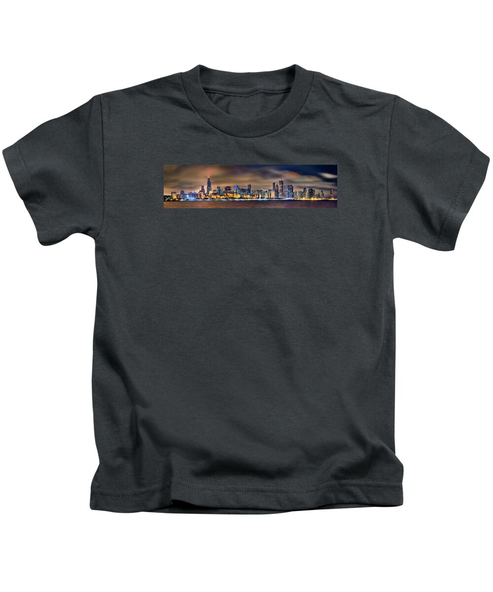Chicago Skyline Kids T-Shirt featuring the photograph Chicago Skyline at NIGHT Panorama by Jon Holiday