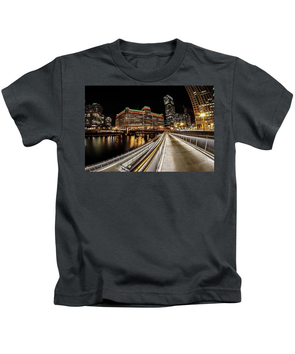 Chicago Kids T-Shirt featuring the photograph Chicago's riverwalk night scene 2 by Sven Brogren