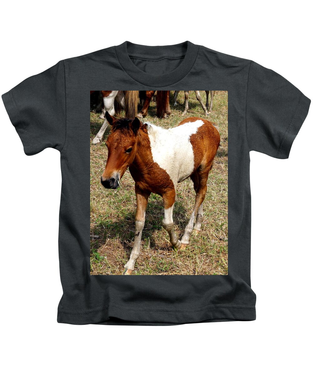 Chincoteague Kids T-Shirt featuring the photograph Chincoteague Wild Pony Swim Pony Horse by Katy Hawk