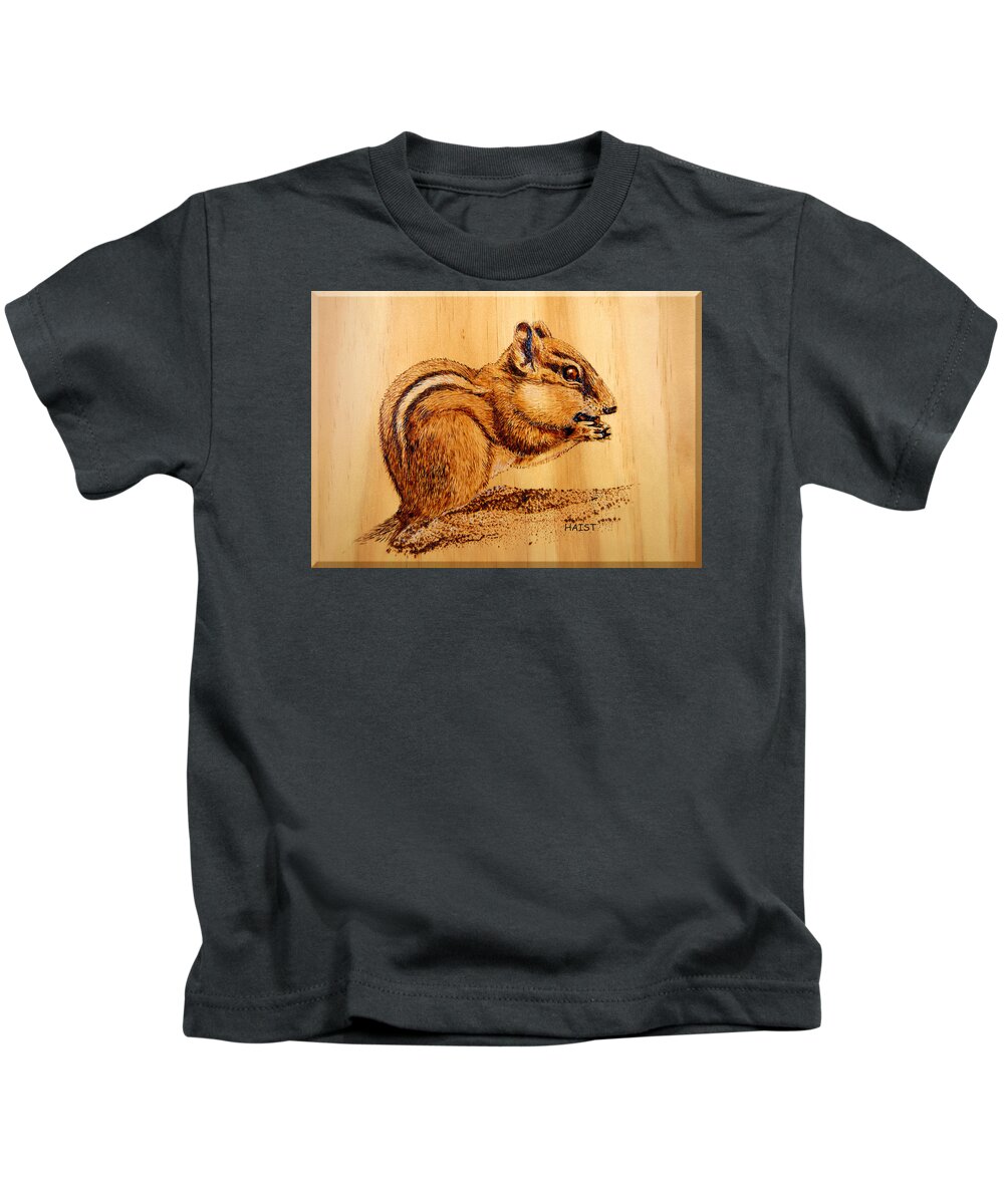 Chipmunk Kids T-Shirt featuring the pyrography Chippies Lunch by Ron Haist