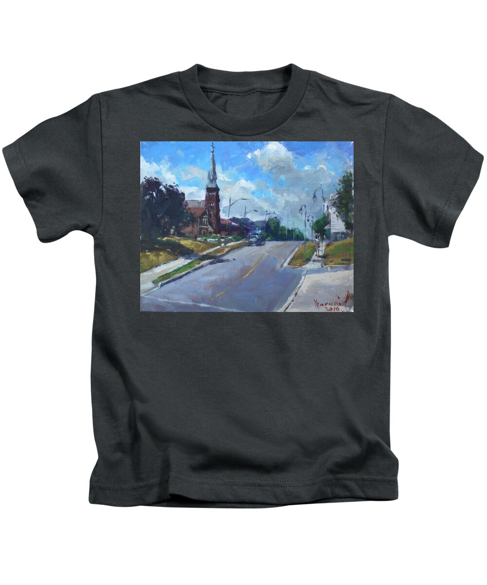Church Kids T-Shirt featuring the painting Church in Georgetown Downtown by Ylli Haruni