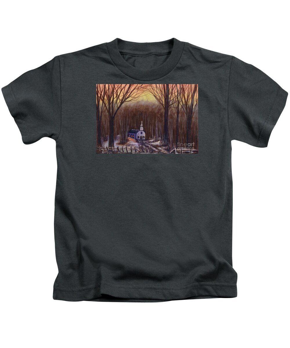 #church #forest #snow #rural #snow #christmas #trees #winter Kids T-Shirt featuring the painting Church in the Woods by Allison Constantino