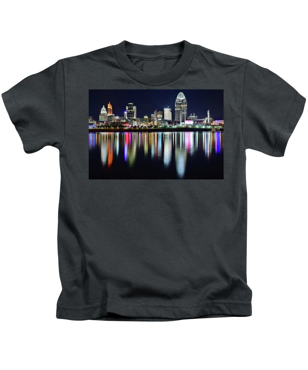Cincinnati Kids T-Shirt featuring the photograph Cincinnati Late Night Lights by Frozen in Time Fine Art Photography