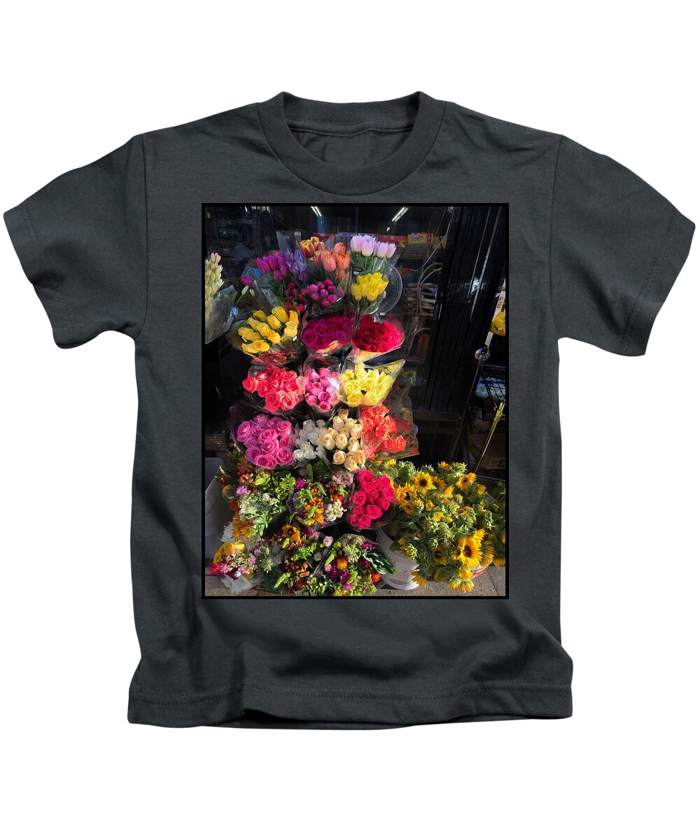 Bonnie Follett Kids T-Shirt featuring the photograph City Flower Stand by Bonnie Follett