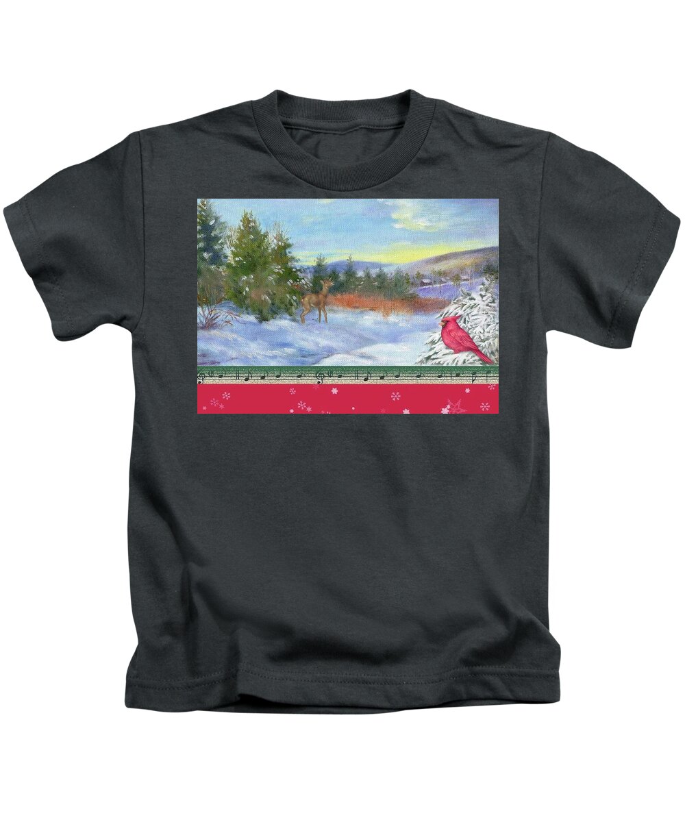 Snowscape Kids T-Shirt featuring the painting Classic Winterscape with cardinal and reindeer by Judith Cheng