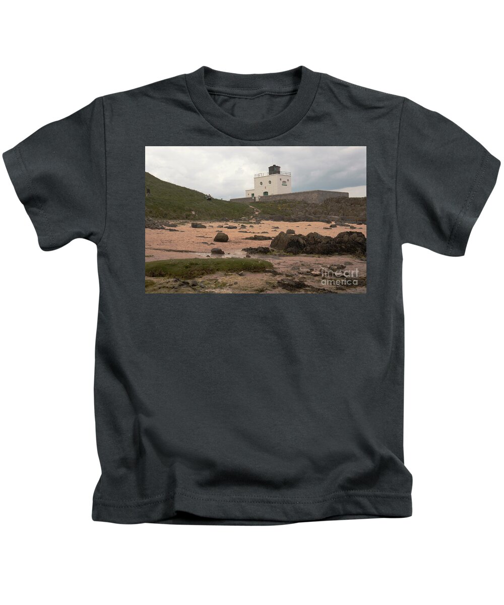 Lighthouse Kids T-Shirt featuring the photograph Clouds over Bamburgh Lighthouse by Elena Perelman