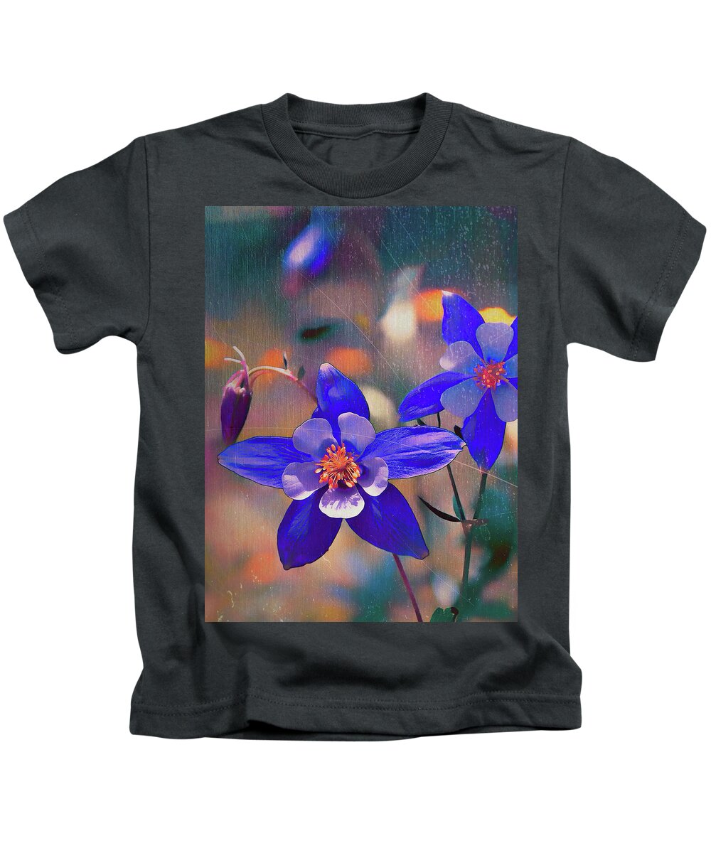 Blossoms Kids T-Shirt featuring the digital art Colorado State Flower by Lena Owens - OLena Art Vibrant Palette Knife and Graphic Design
