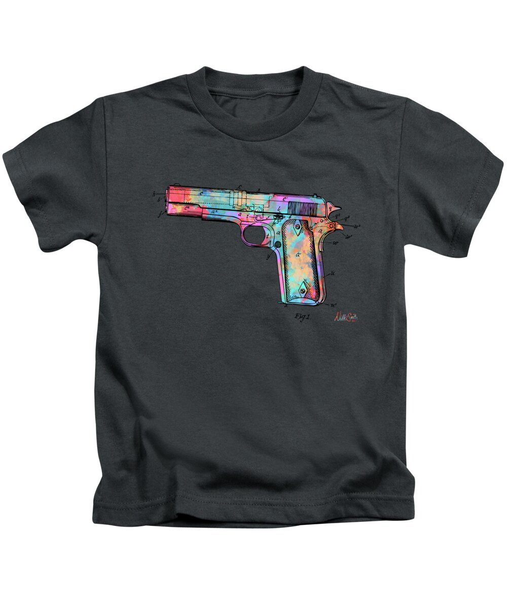 Colt 45 Kids T-Shirt featuring the digital art Colorful 1911 Colt 45 Browning Firearm Patent Minimal by Nikki Marie Smith