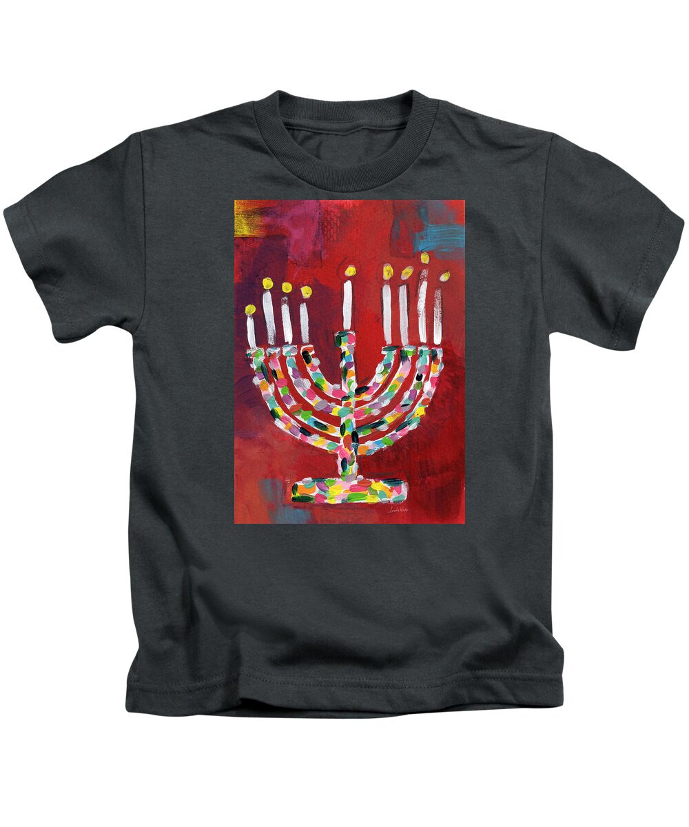 Menorah Kids T-Shirt featuring the painting Colorful Menorah- Art by Linda Woods by Linda Woods