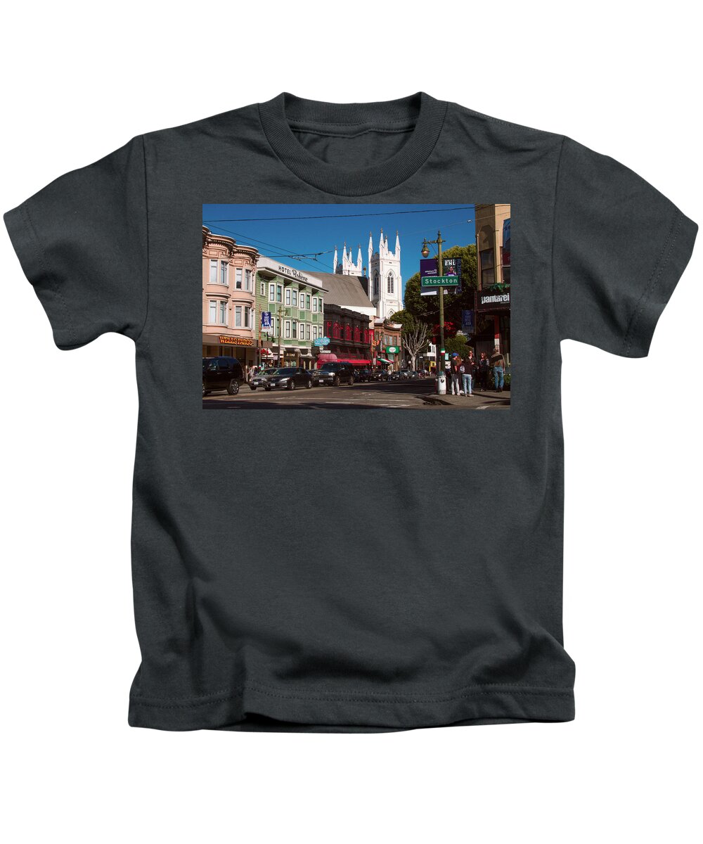 Bonnie Follett Kids T-Shirt featuring the photograph Columbus and Stockton in North Beach by Bonnie Follett