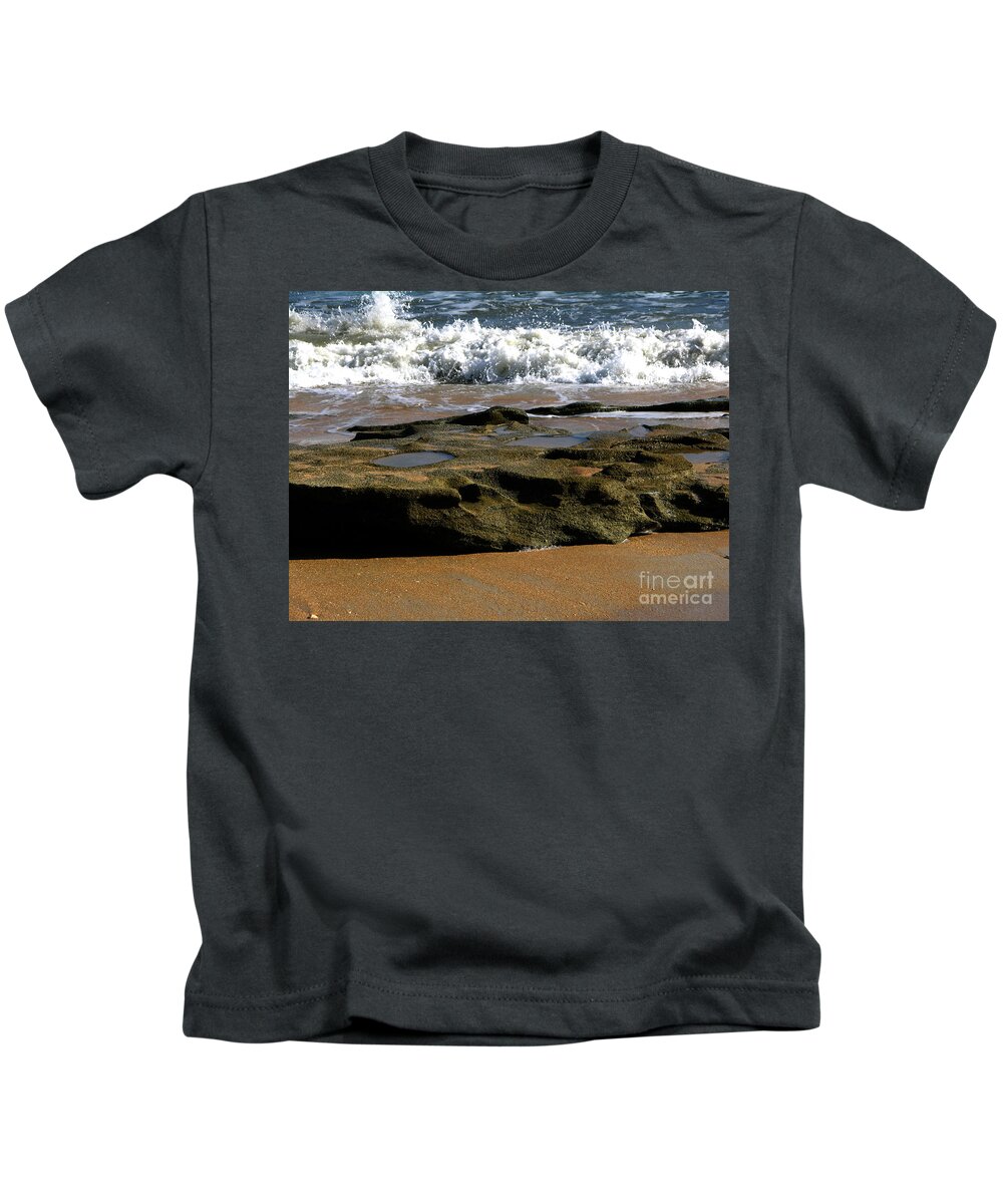 Seashore Kids T-Shirt featuring the photograph Coquina rock with wave 2-8-15 by Julianne Felton