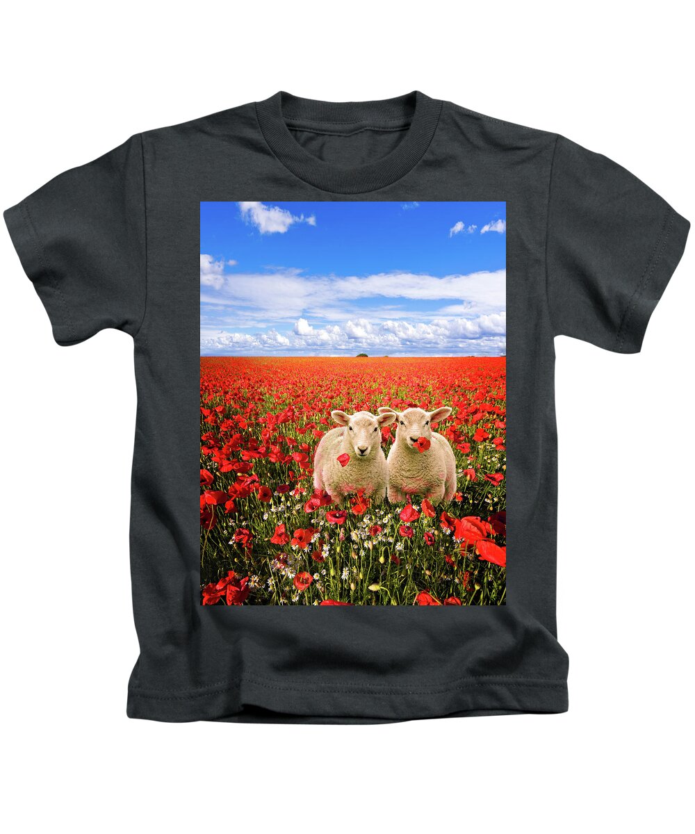 Landscape Kids T-Shirt featuring the photograph Corn Poppies And Twin Lambs by Meirion Matthias