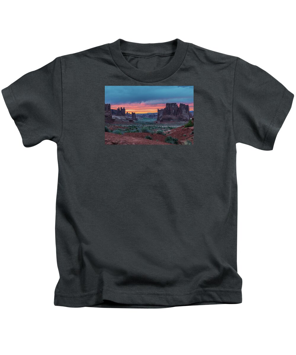 Arches Kids T-Shirt featuring the photograph Courthouse Towers Arches National Park by Dan Norris