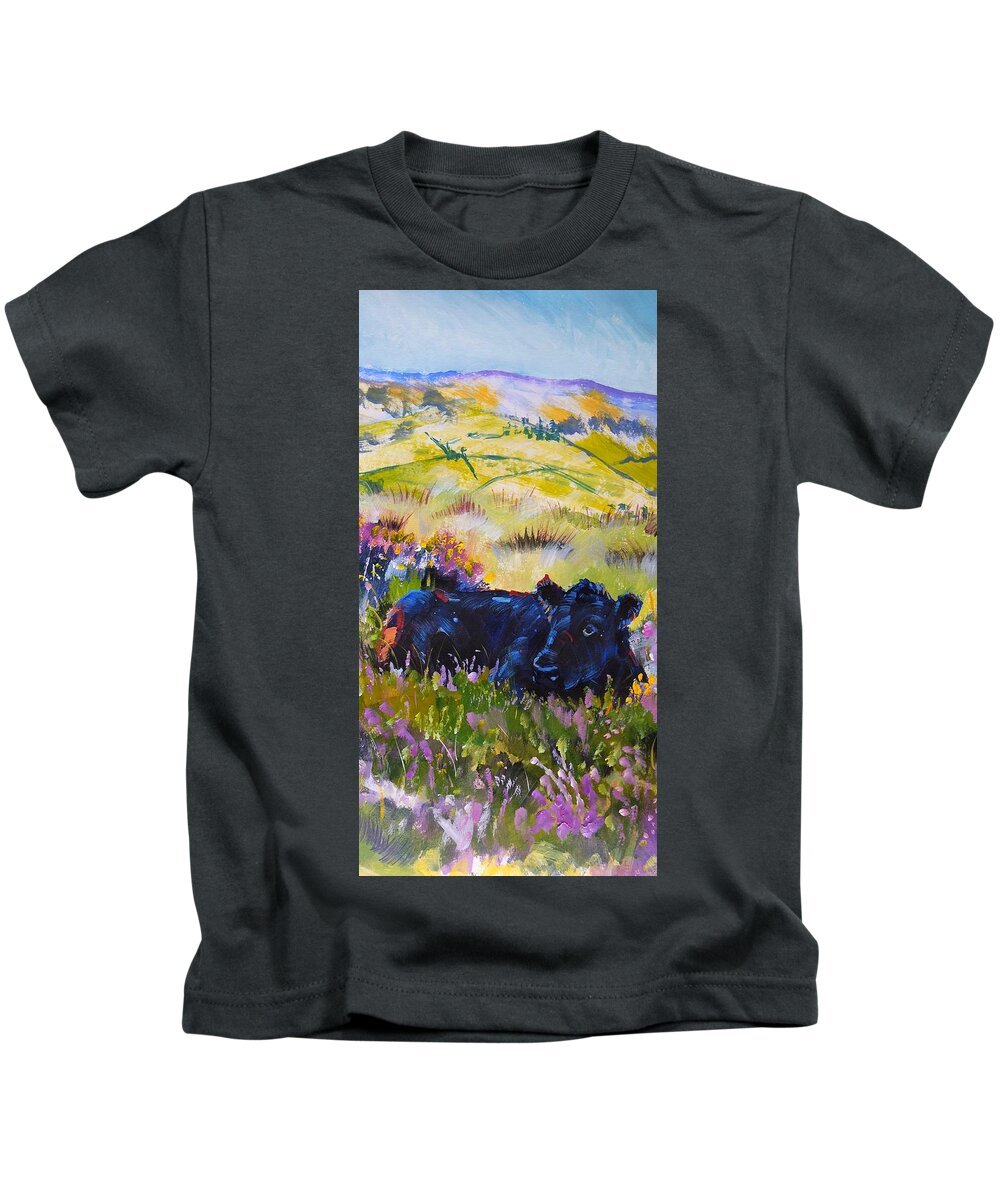 Black Kids T-Shirt featuring the painting Cow lying down among plants by Mike Jory