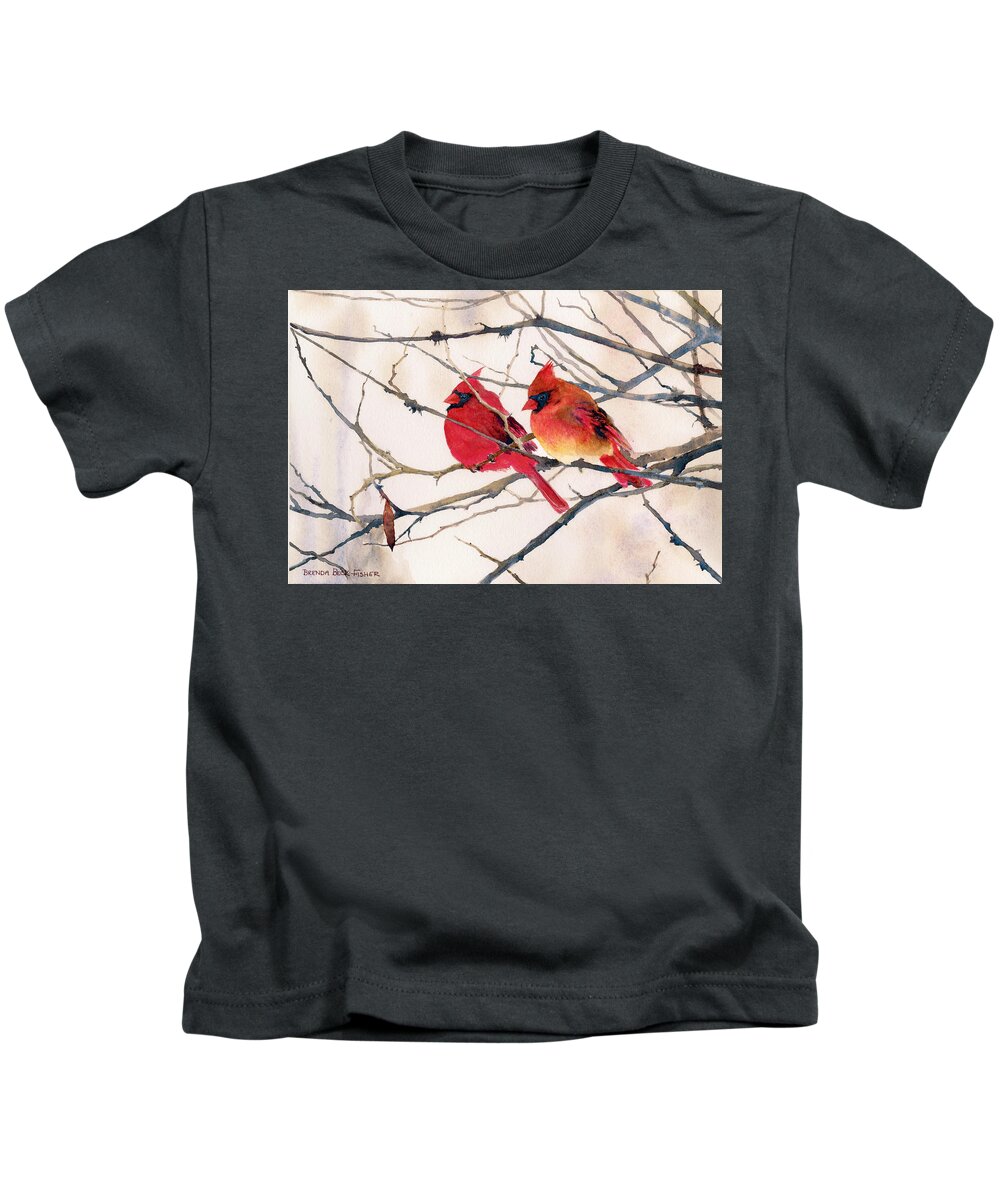 Male And Female Cardinals Sitting Side By Side On A Tree Branch. Kids T-Shirt featuring the painting Cozy Couple by Brenda Beck Fisher