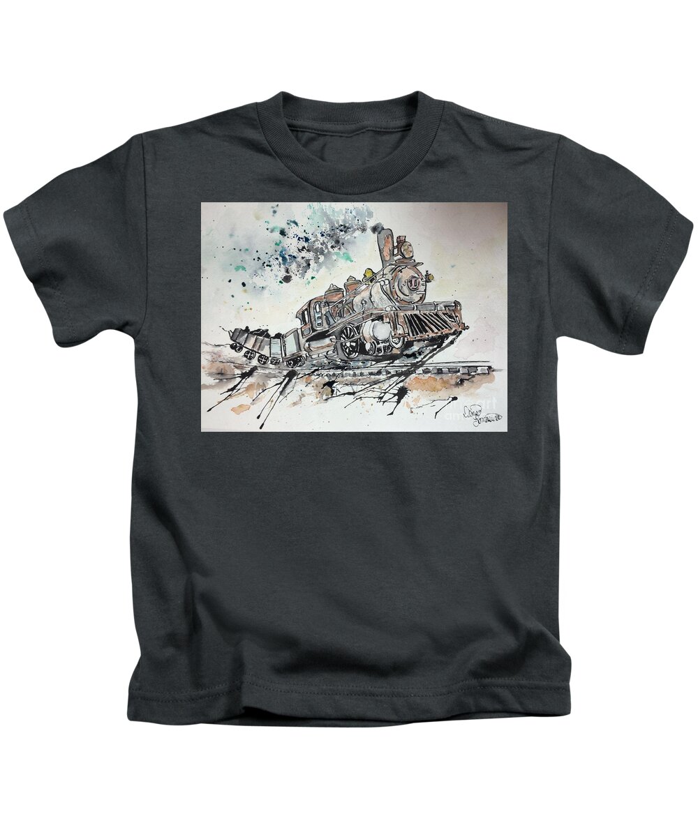 Train Kids T-Shirt featuring the painting Crazy Train by Denise Tomasura