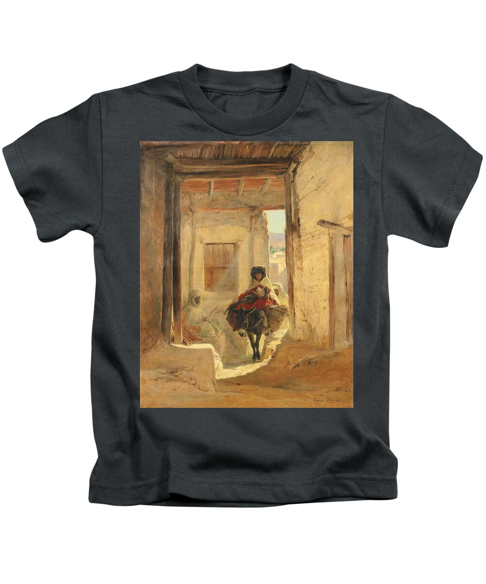 Eugne Girardet 1853 - 1907 Crossing Bou Saada Kids T-Shirt featuring the painting Crossing Bou Saada by Eastern Accents