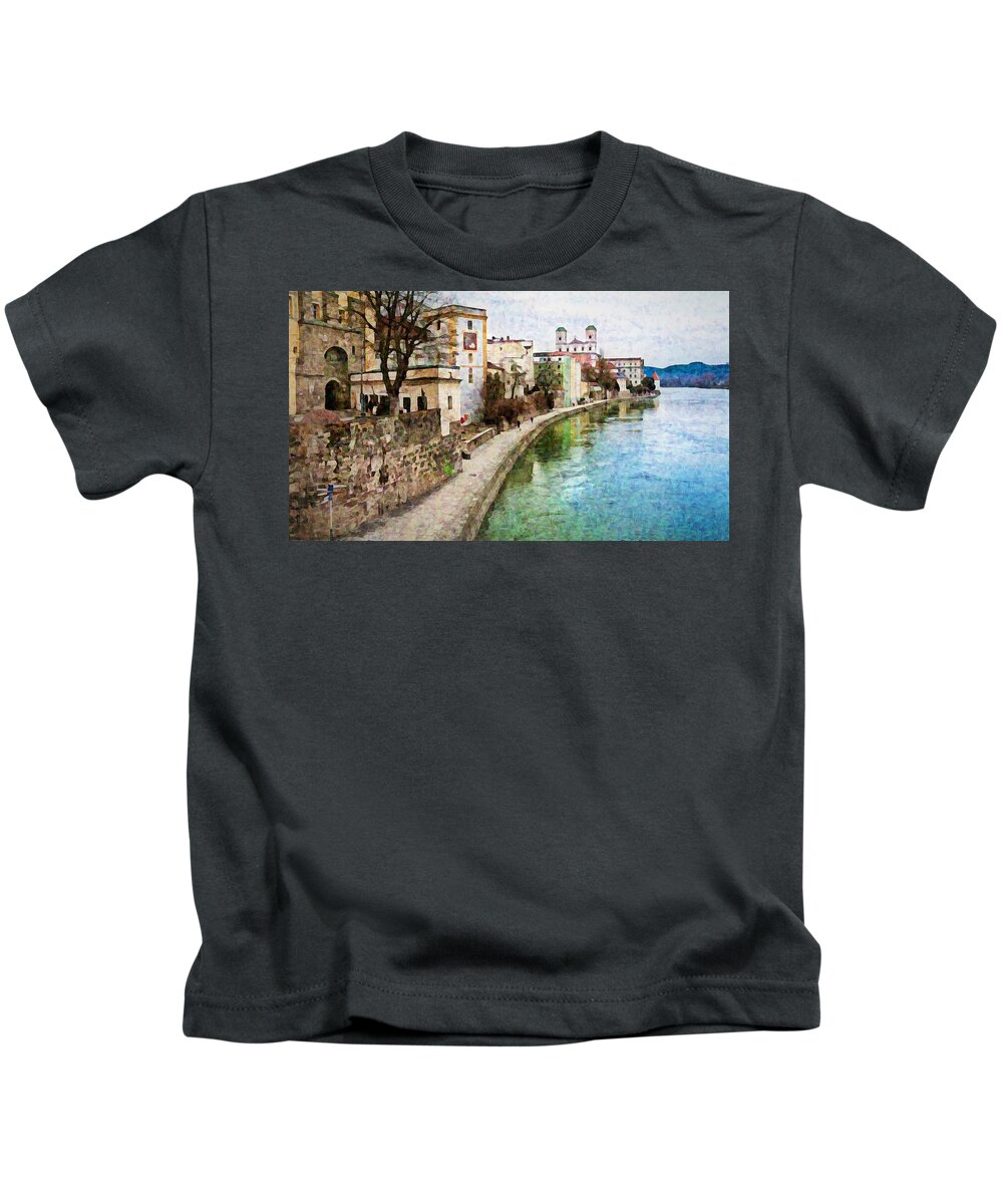 Danube River Kids T-Shirt featuring the mixed media Danube River at Passau, Germany by Tatiana Travelways