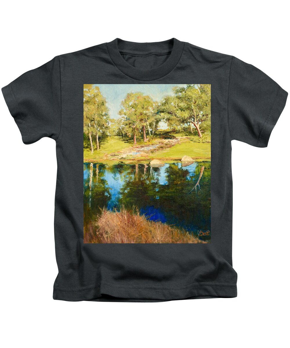 Pond Kids T-Shirt featuring the painting Darebin Waterfall by Dai Wynn