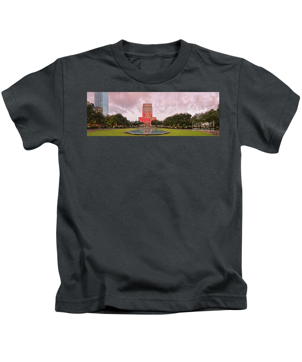 Downtown Kids T-Shirt featuring the photograph Dawn Panorama of Houston City Hall at Hermann Square - Downtown Houston Harris County by Silvio Ligutti