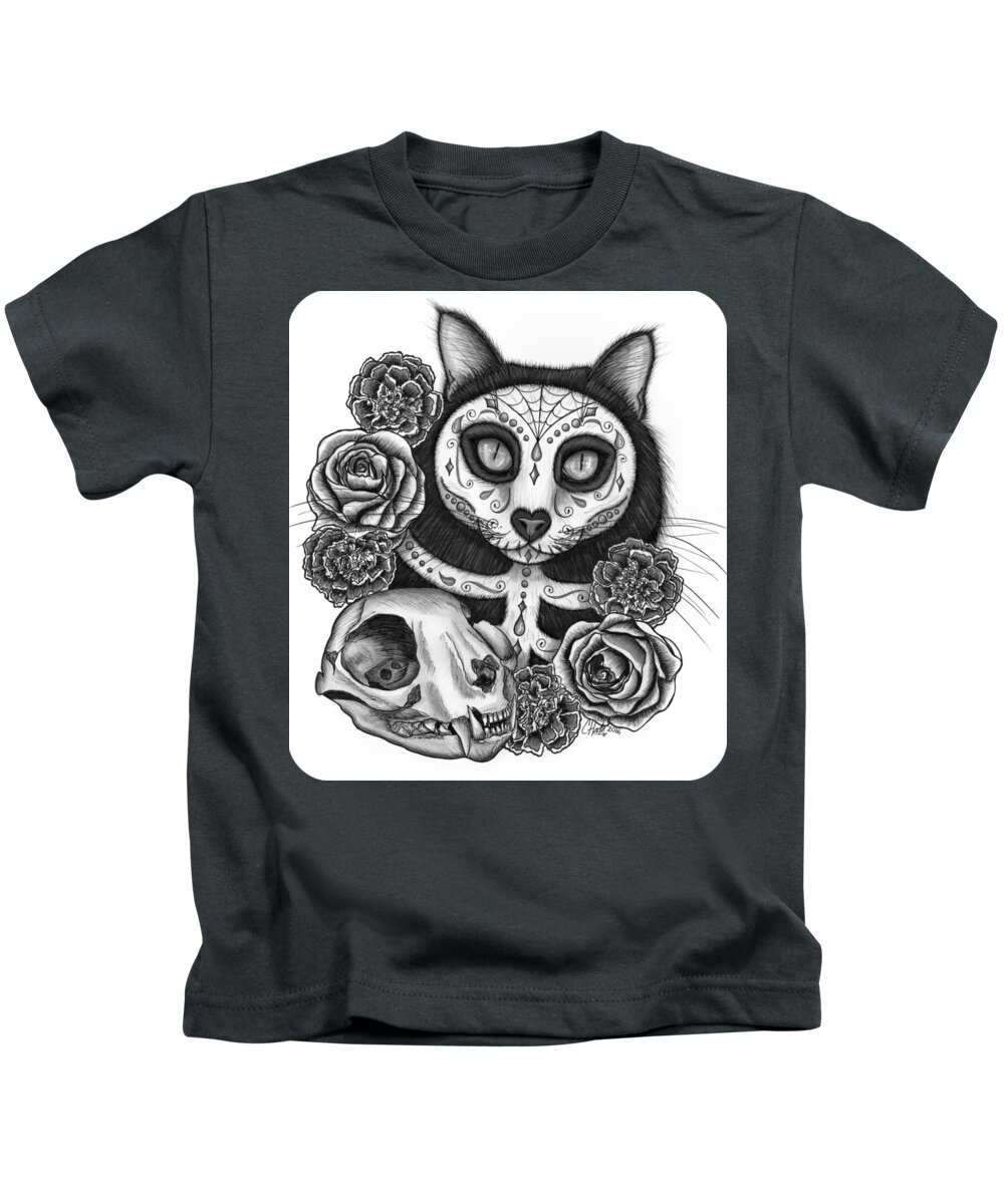 Dia De Los Muertos Gato Kids T-Shirt featuring the drawing Day of the Dead Cat Skull - Sugar Skull Cat by Carrie Hawks