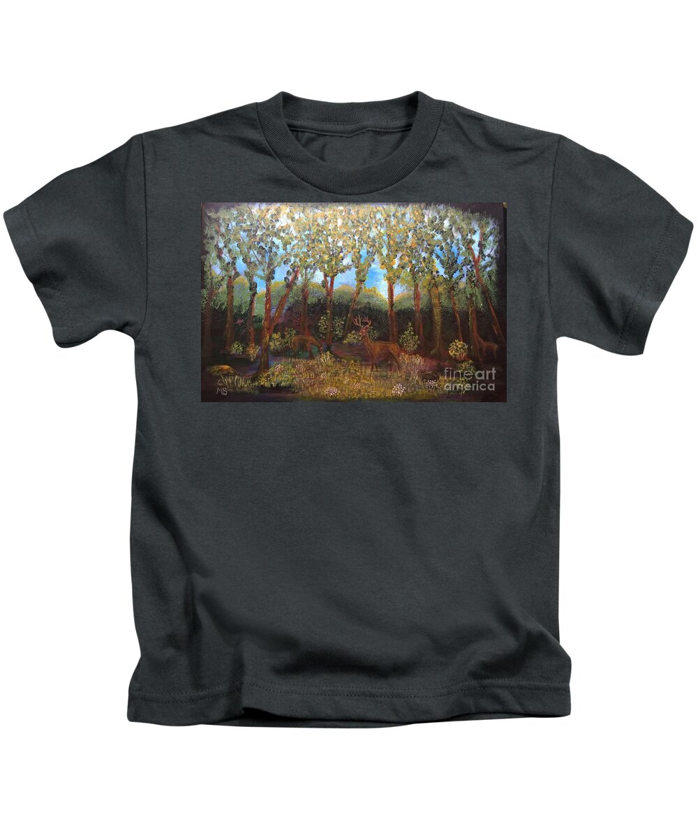 Deer Kids T-Shirt featuring the painting Deer In Woods by Monika Shepherdson