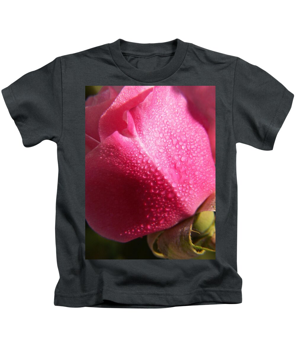 Pink Roses Kids T-Shirt featuring the photograph Dewy Rose by Amy Fose