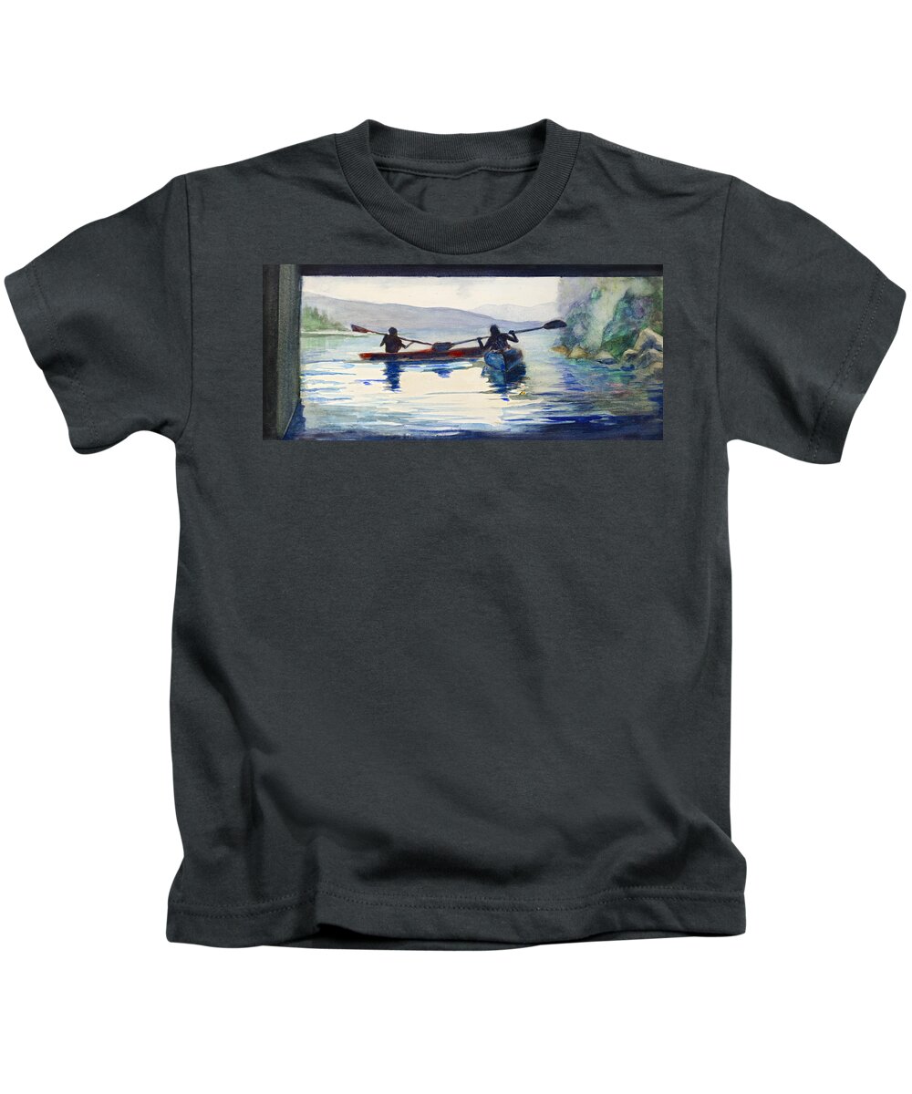 Donner Kids T-Shirt featuring the painting Donner Lake Kayaks by Rick Mosher