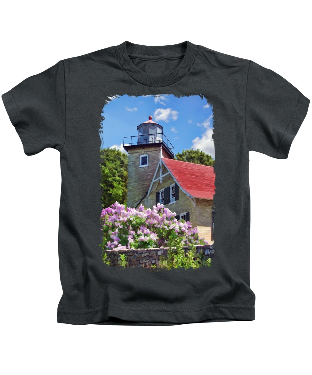 Door County Kids T-Shirt featuring the painting Door County Eagle Bluff Lighthouse Lilacs by Christopher Arndt