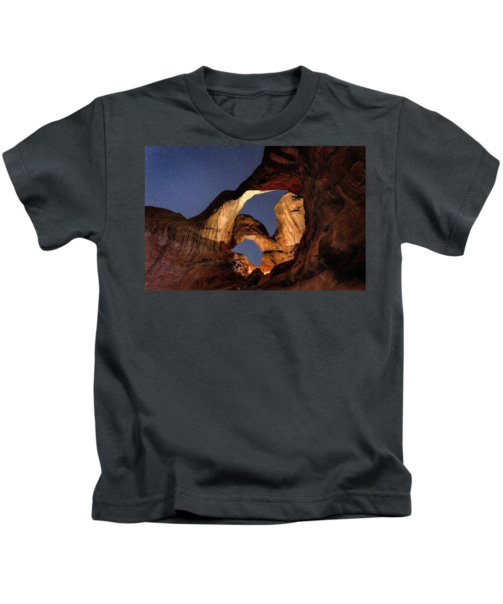 Arches Kids T-Shirt featuring the photograph Double Arch at Night by Michael Ash