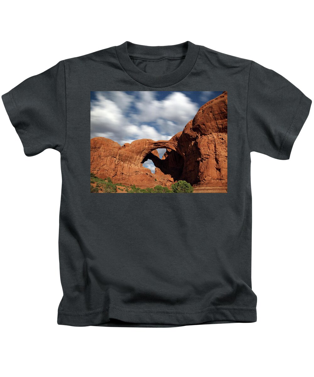 Arches Np Kids T-Shirt featuring the photograph Double Arch in the Moonlight by Jean Clark