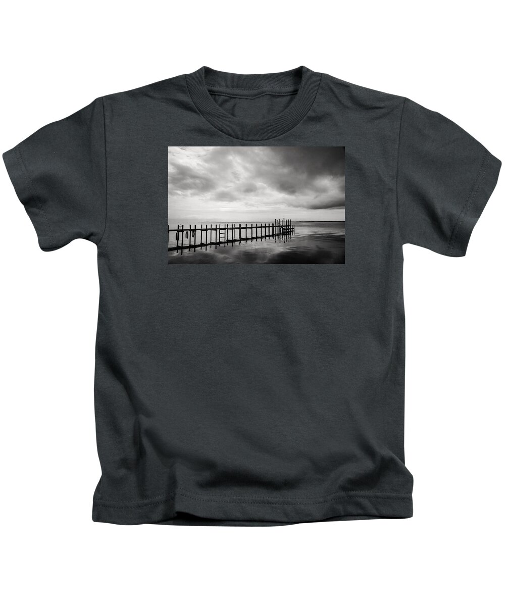 Duck Nc Kids T-Shirt featuring the photograph Duck Pier in Black and White by Don Johnson