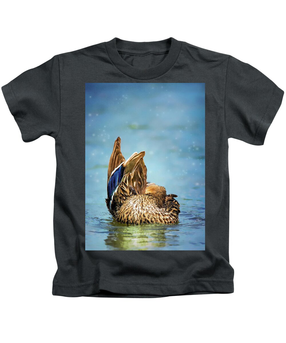 Bird Kids T-Shirt featuring the photograph Ducky Grooming On Blue by Bill and Linda Tiepelman