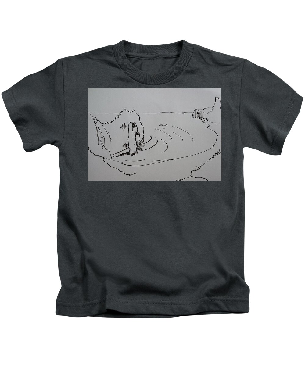 Durdle Door Kids T-Shirt featuring the drawing Durdle Door - Limstone arch in Dorset cliff by Mike Jory