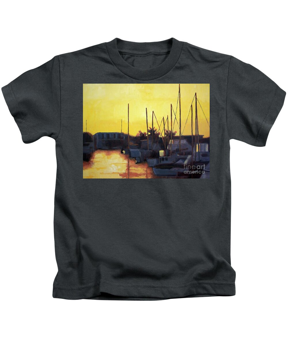 Boats Kids T-Shirt featuring the painting Dusk at the marina by Tate Hamilton