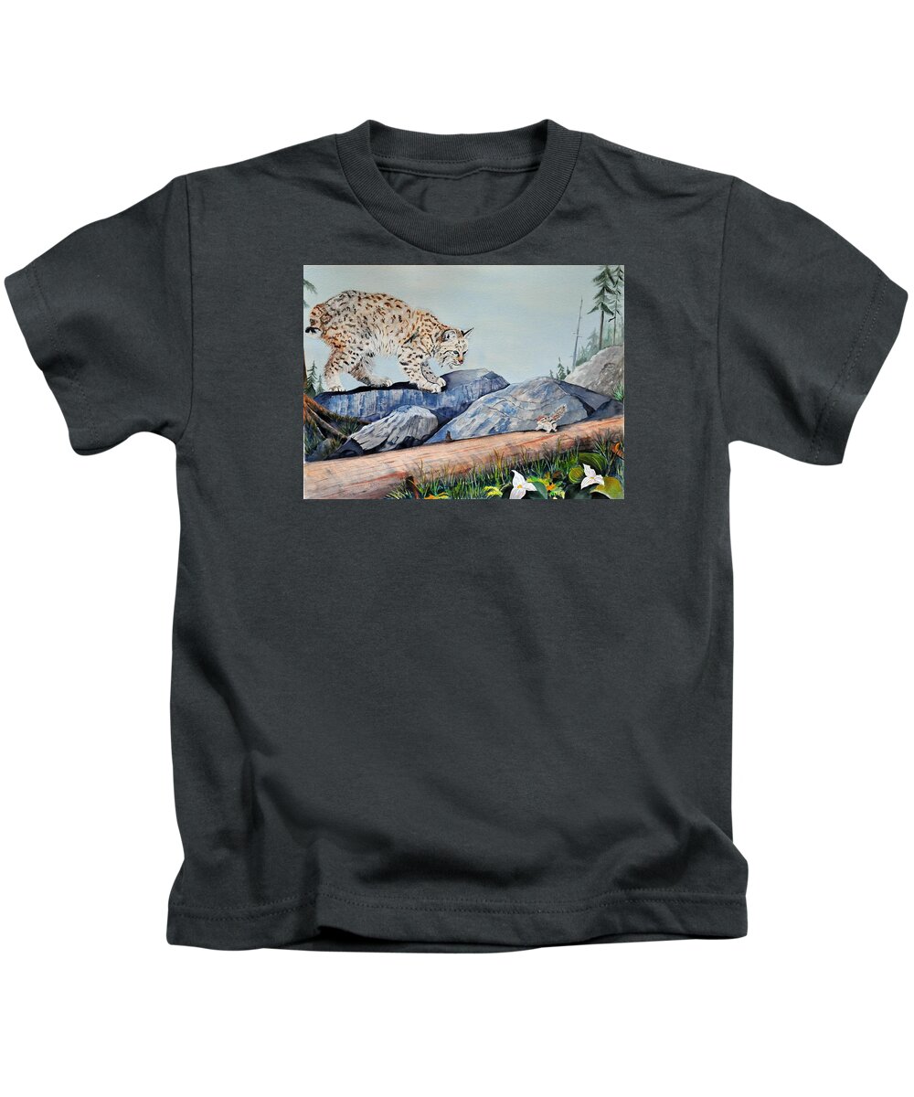 Bobcat Kids T-Shirt featuring the painting Early Morning Surprise by John W Walker