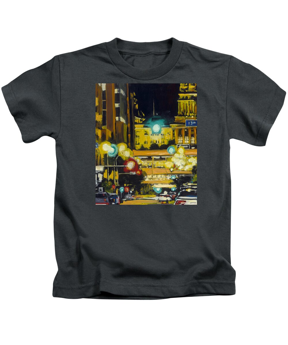 Iowa Kids T-Shirt featuring the painting East 13th and Locust st Des Moines by Robert Reeves