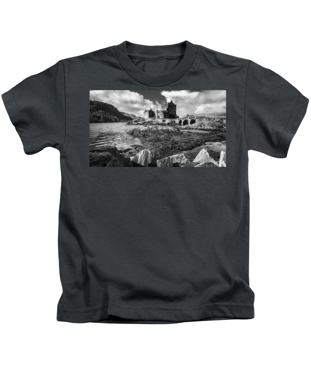 Eilean Donan Kids T-Shirt featuring the photograph Eilean Donan Castle in black and white by Holly Ross