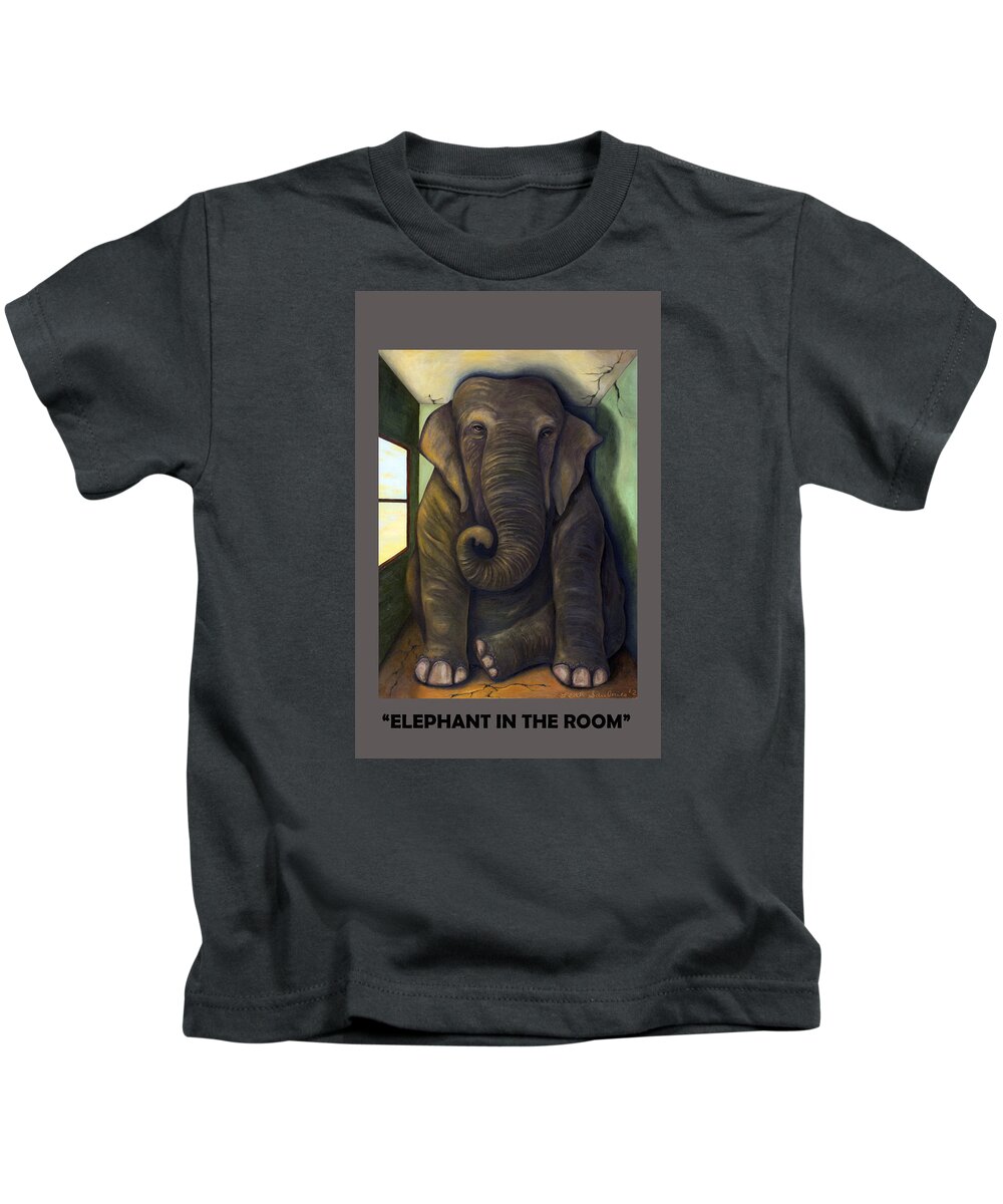 Elephant In The Room Kids T-Shirt featuring the painting Elephant In The Room with Lettering by Leah Saulnier The Painting Maniac