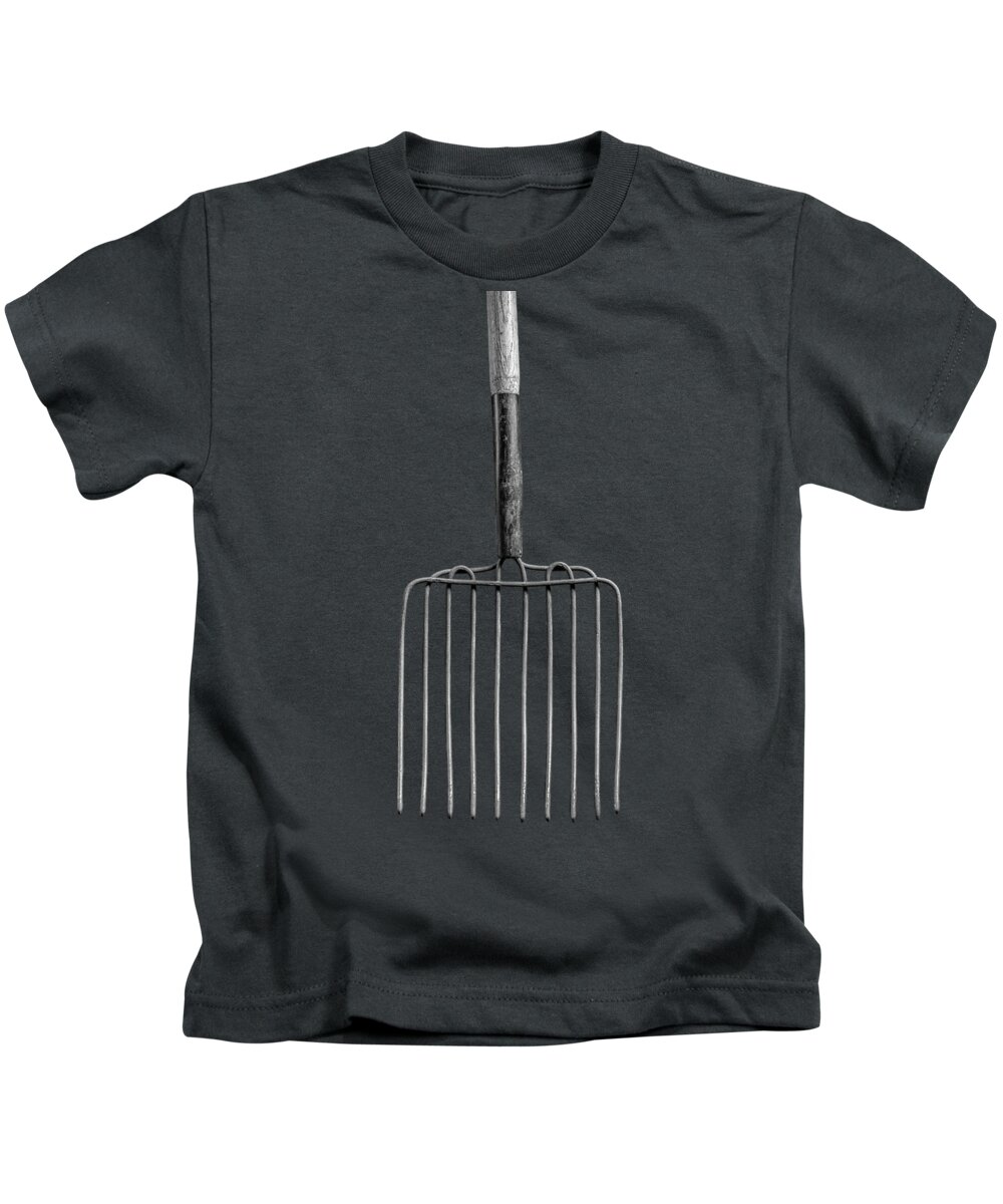 Art Kids T-Shirt featuring the photograph Ensilage Fork Up on Plywood in BW 66 by YoPedro