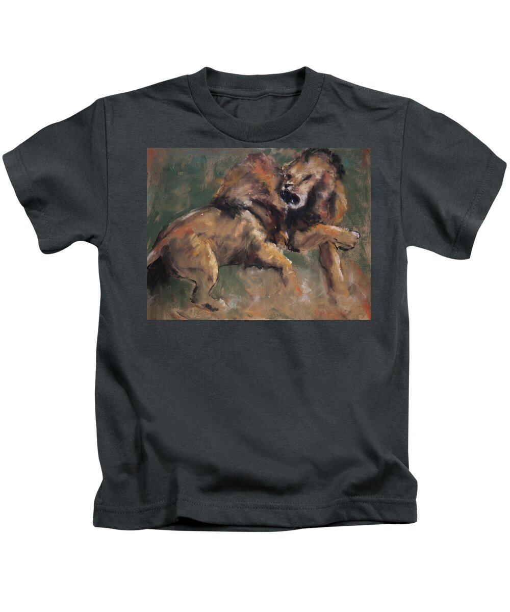 Lions Kids T-Shirt featuring the pastel 'Establishing Position' by Jim Fronapfel