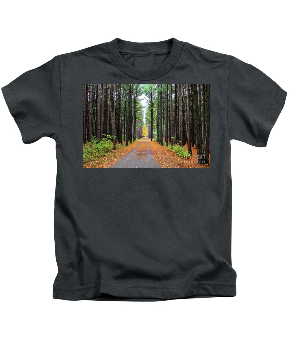 Fall Kids T-Shirt featuring the photograph Fall Pines Road by Laura Kinker