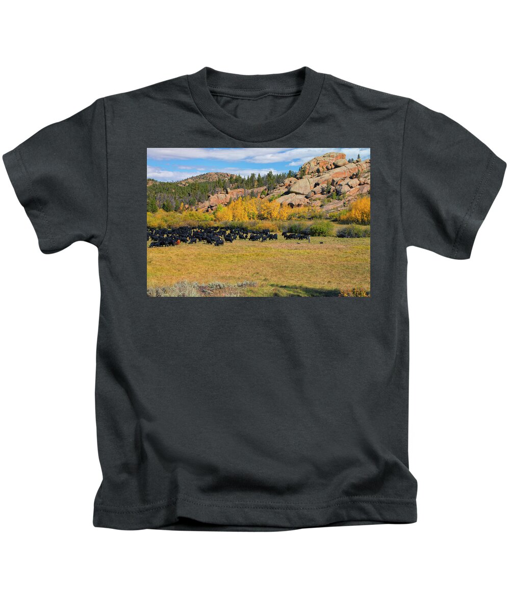 Wyoming Kids T-Shirt featuring the photograph Fall Roundup by Nancy Dunivin