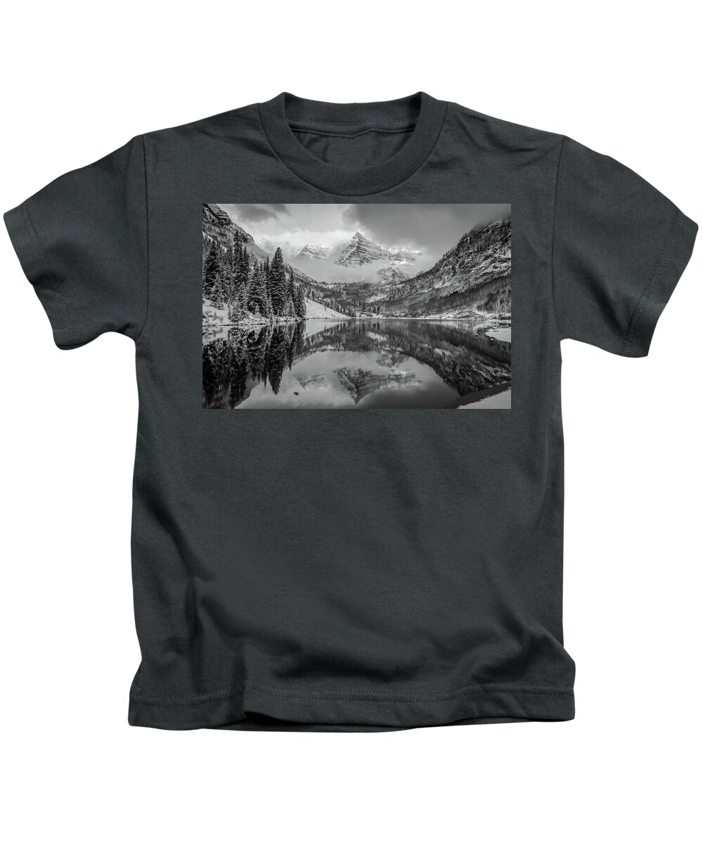 Aspen Colorado Print Kids T-Shirt featuring the photograph Falling Skies - Maroon Bells in Black and White - Aspen Colorado by Gregory Ballos