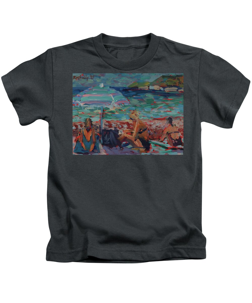 Painting Kids T-Shirt featuring the painting Family on beach by Peregrine Roskilly