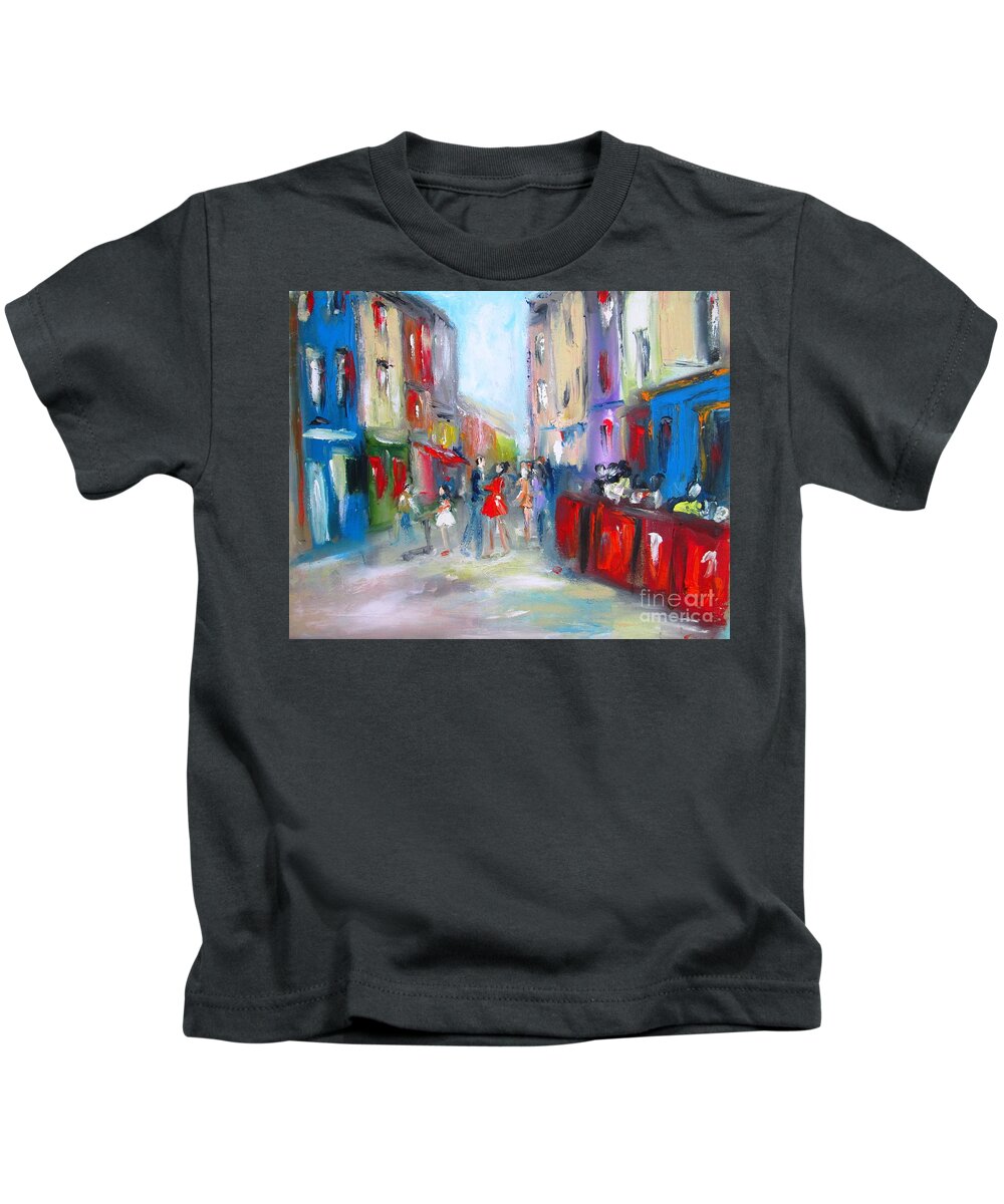 Galway City Kids T-Shirt featuring the painting Painting of a Family on quay street galway city ireland by Mary Cahalan Lee - aka PIXI