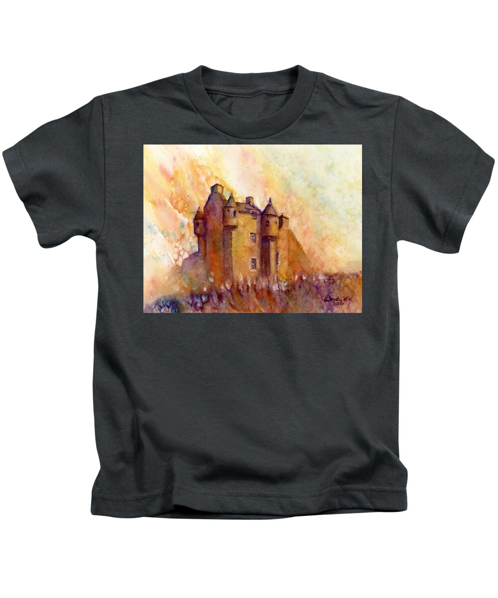 Castle Kids T-Shirt featuring the painting Ferniehirst Castle by Wendy Keeney-Kennicutt