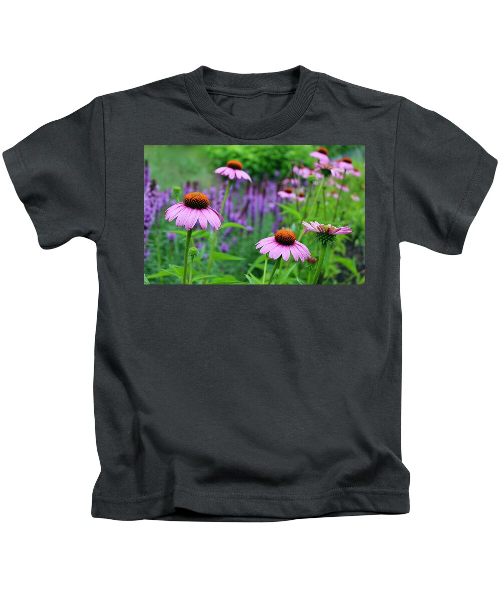 Photograph Kids T-Shirt featuring the photograph Field of Purple Cone Flowers and Blazing Star Flowers by M E