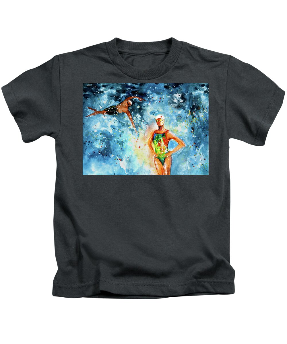 Sports Kids T-Shirt featuring the painting Fighting Back by Miki De Goodaboom